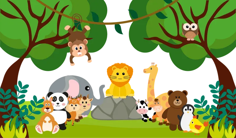 Vector Animais Bonitos Da Selva Em Estilo Cartoon Animal Selvagem Desenhos De Zoologico Para Fundo Roupas De Bebe Personagens Desenhados A Mao Ilustração