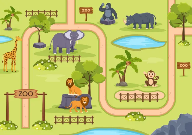 Mapa Do Zoologico Com Gaiola E Entrada Do Parque Ao Ar Livre Para Descobrir Onde Estao Os Animais Na Ilustracao Vetorial De Desenho Animado Ilustração