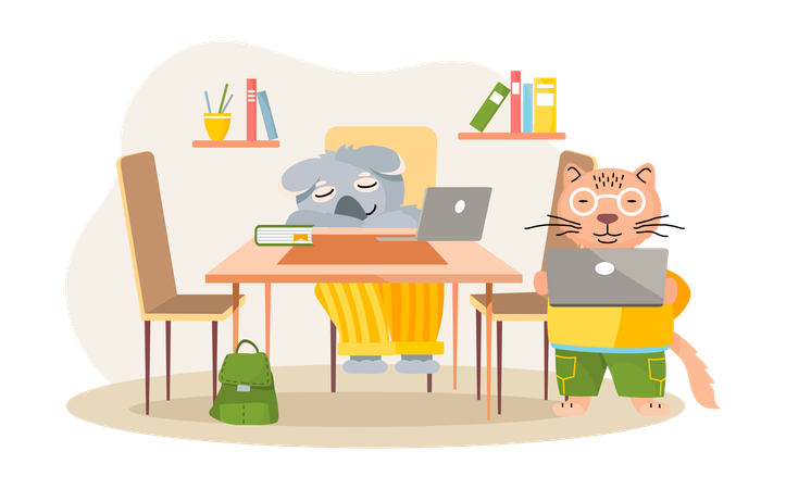 Animais de trabalho trabalhando em casa com laptop  Ilustração