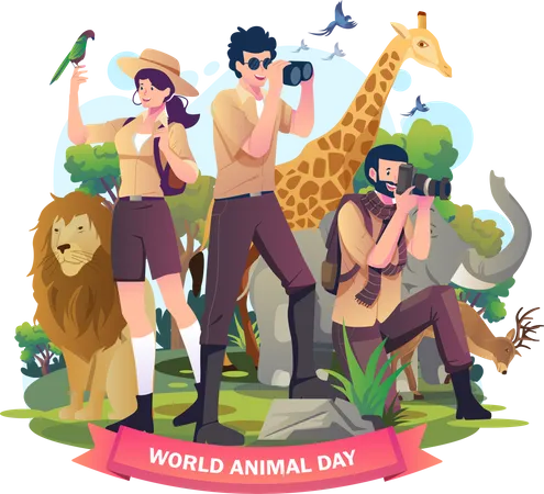 Guardiões do zoológico de animais com os animais selvagens no zoológico da selva  Ilustração