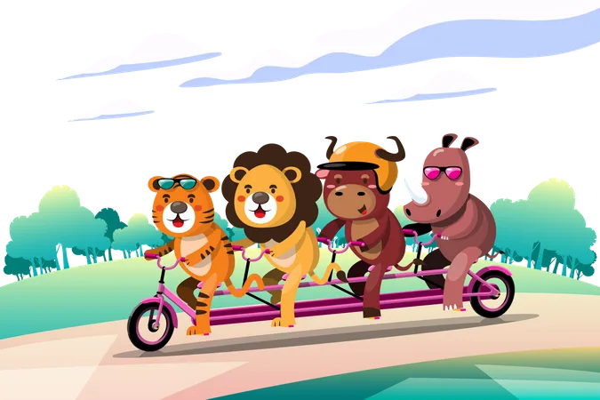 Animais viajando de bicicleta  Ilustração