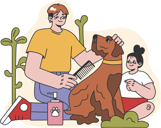 Menino e menina cuidando de animal de estimação  Ilustração