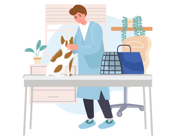 Animal doctor doing check up of dog Illustration