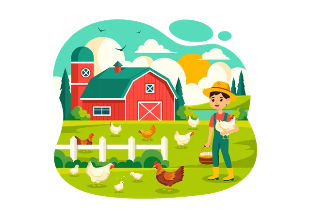 Poultry Farm Vector Illustration With Chickens Roosters Straw Cage And Egg On Scenery Of Green Field In Flat Cartoon Background Design Illustration
