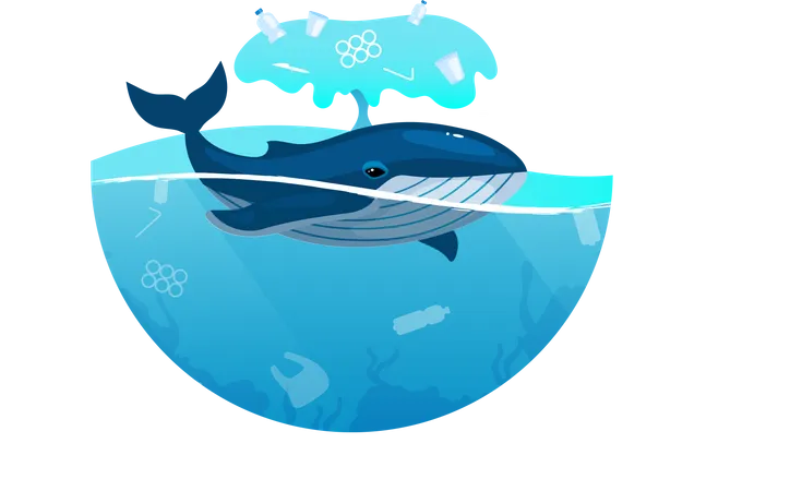 Pare A Poluicao Plastica No Icone Do Conceito Plano Do Oceano Baleia E Lixo Na Agua Do Mar Animal Marinho Preso Em Adesivo De Lixo Plastico Clipart Ilustracao De Desenho Animado Isolado Em Fundo Branco Ilustração
