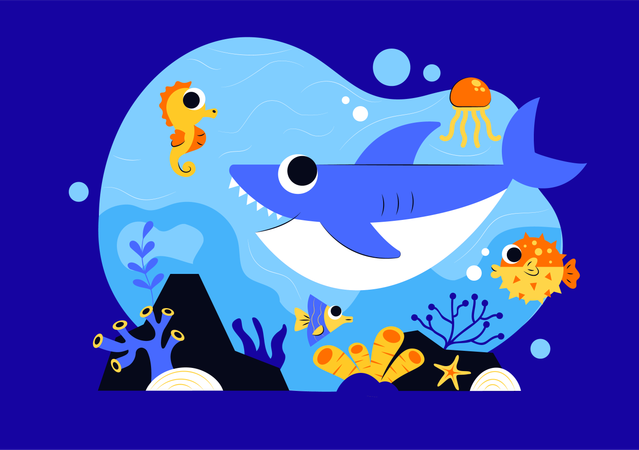 Animal oceânico no mar com vida marinha  Ilustração