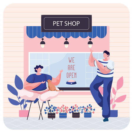 Man pampering cat at pet shop Illustration