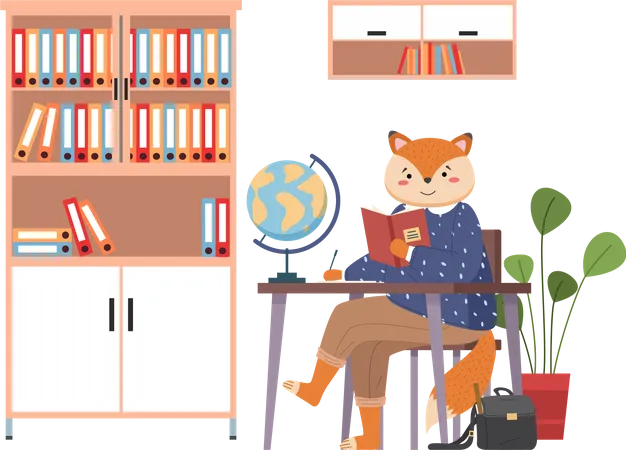 Funny Cartoon Animal Student In Geography Lesson The Cat Sitting With A Notebook And Reading Back To The School Concept Active Pupil Looks At The Copybook And Does His Homework In The Class Illustration