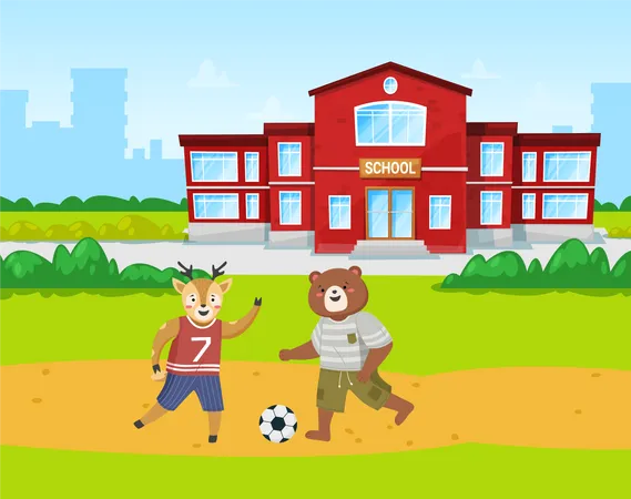 Los estudiantes de animales juegan al fútbol en el patio de recreo frente al edificio de la escuela  Ilustración
