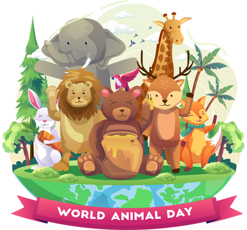 Animales felices en el zoológico en el día mundial de los animales  Ilustración