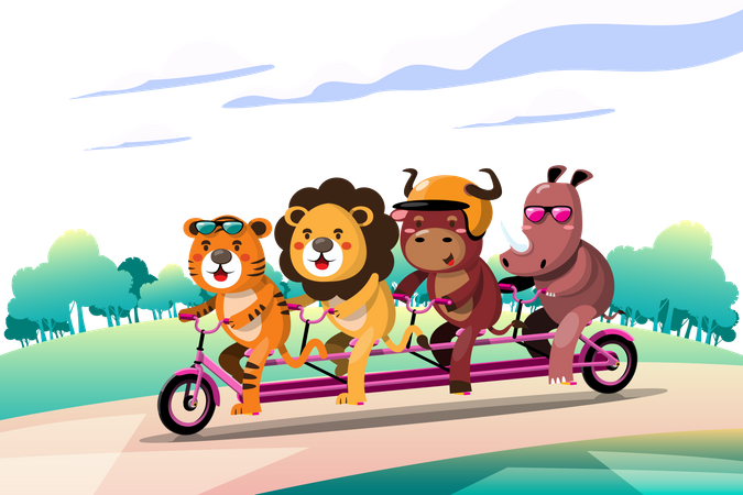Animales viajando en bicicleta  Ilustración