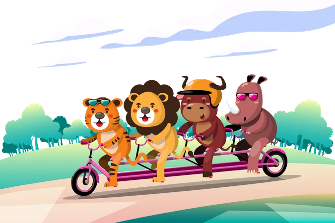 Animales viajando en bicicleta  Ilustración
