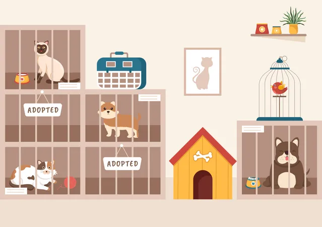 Animals in adoption center Illustration