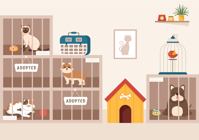 Animals in adoption center  Illustration