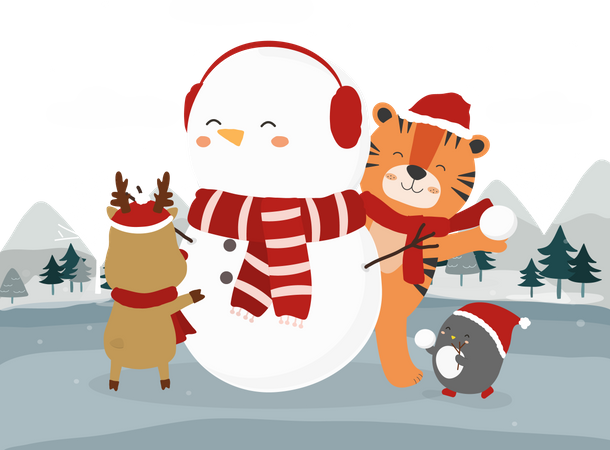 Animals playing with snowman Illustration