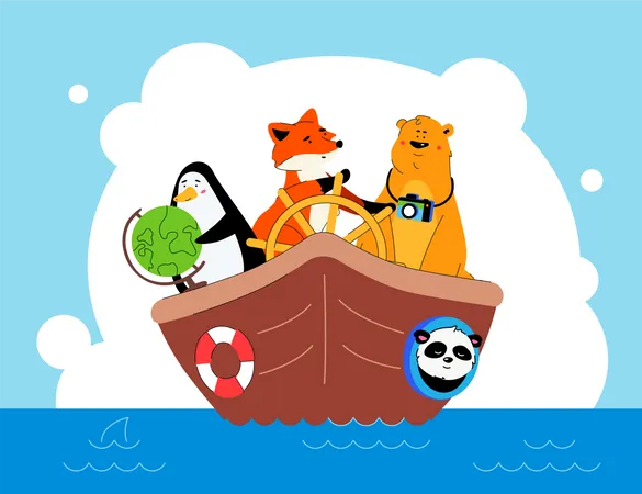 Animals Traveling Together Flat Design Style Vector Illustration Wildlife On Sea Adventure Cartoon Characters Cute Panda Fox Steering Boat Penguin Holding Globe And Bear With Photo Camera Illustration