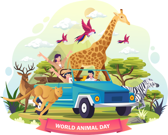Animals zoo keeper are exploring the jungle savanna in a vehicle Illustration