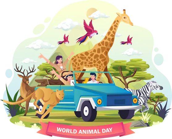 Animals zoo keeper are exploring the jungle savanna in a vehicle Illustration