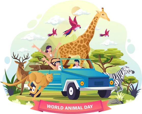 Animals zoo keeper are exploring the jungle savanna in a vehicle  Illustration