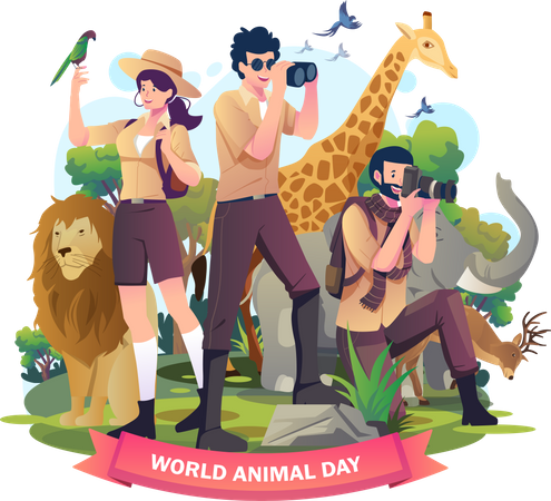 Animals zoo keepers with the wild animals in the jungle zoo Illustration
