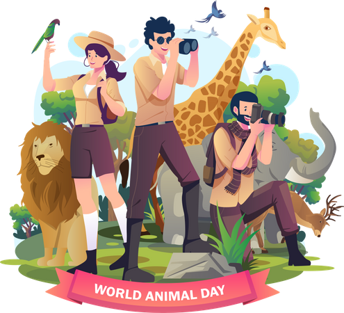 Animals zoo keepers with the wild animals in the jungle zoo  Illustration