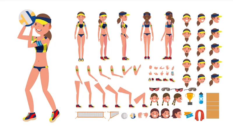 Animated Character Creation Set Of Beach Volleyball Female Player  Illustration