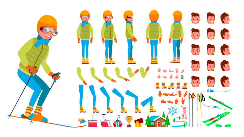 Animated Character Creation Set Of Skiing Man  Illustration