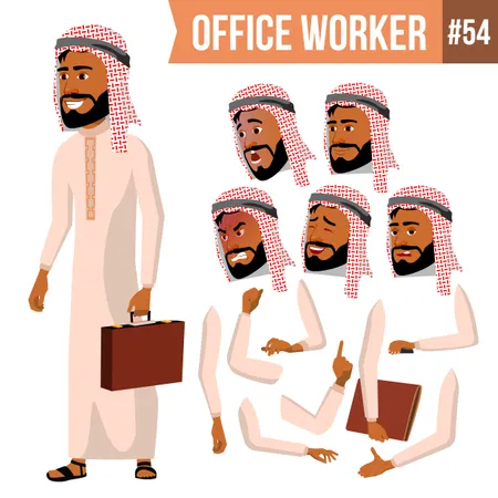Ensemble de création d'animation d'homme d'affaires arabe avec différentes émotions de visage  Illustration
