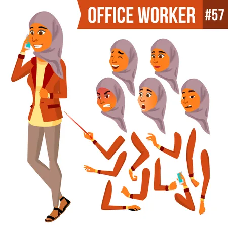 Arab Office Worker Vector Woman Traditional Clothes Islamic Hijab Professional Officer Clerk Adult Business Female Lady Face Emotions Various Gestures Animation Set Illustration Illustration