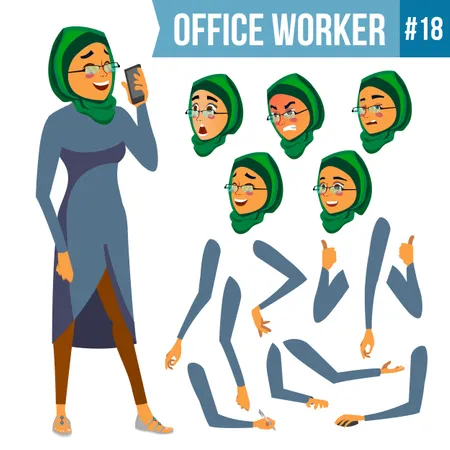 Animation Creation Set Of Arab Employee With Different Face Emotions Illustration