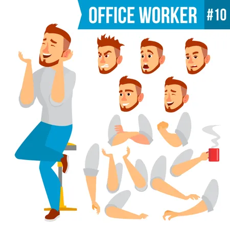 Office Worker Vector Face Emotions Various Gestures Animation Creation Set Corporate Businessman Male Successful Officer Clerk Servant Isolated Cartoon Illustration Illustration