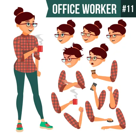 Office Worker Vector Woman Successful Officer Clerk Servant Business Woman Worker Face Emotions Various Gestures Animation Creation Set Isolated Flat Illustration Illustration