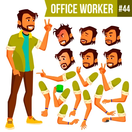 Office Worker Vector Face Emotions Various Gestures Animation Creation Set Business Person Career Modern Employee Workman Laborer Isolated Flat Cartoon Character Illustration Illustration