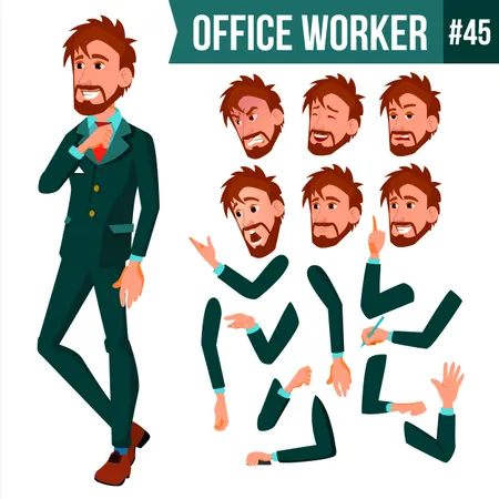 Office Worker Vector Face Emotions Various Gestures Animation Creation Set Business Man Professional Cabinet Workman Officer Clerk Isolated Cartoon Character Illustration Illustration