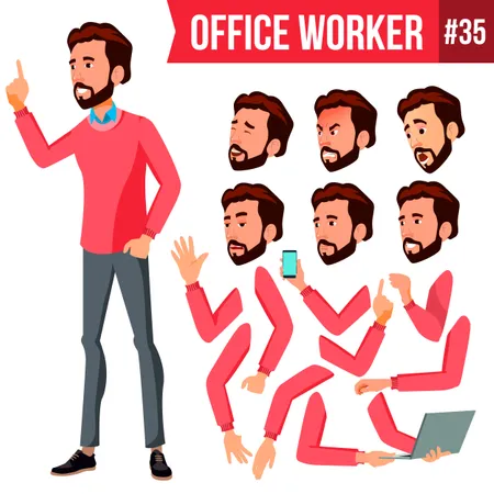 Office Worker Vector Face Emotions Various Gestures Animation Business Worker Career Professional Workman Officer Clerk Flat Cartoon Illustration Illustration
