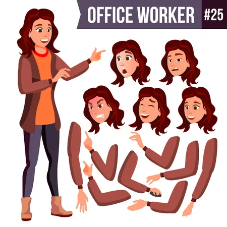 Office Worker Vector Woman Successful Officer Clerk Servant Adult Business Woman Face Emotions Various Gestures Animation Set Isolated Flat Cartoon Illustration Illustration