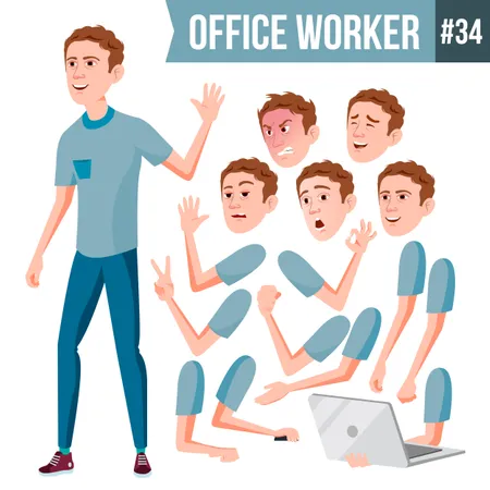 Office Worker Vector Face Emotions Various Gestures Animation Businessman Human Modern Cabinet Employee Workman Laborer Isolated Flat Cartoon Character Illustration Illustration