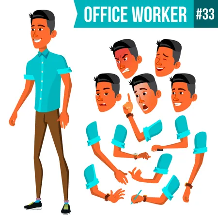 Office Worker Vector Face Emotions Various Gestures Animation Creation Set Corporate Businessman Male Isolated Cartoon Illustration Illustration