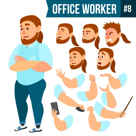Office Worker Vector Face Emotions Various Gestures Animation Creation Set Businessman Human Modern Cabinet Employee Workman Laborer Isolated Flat Cartoon Character Illustration Illustration