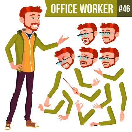 Office Worker Vector Face Emotions Various Gestures Animation Creation Set Adult Business Male Successful Corporate Officer Clerk Servant Isolated Flat Character Illustration Illustration
