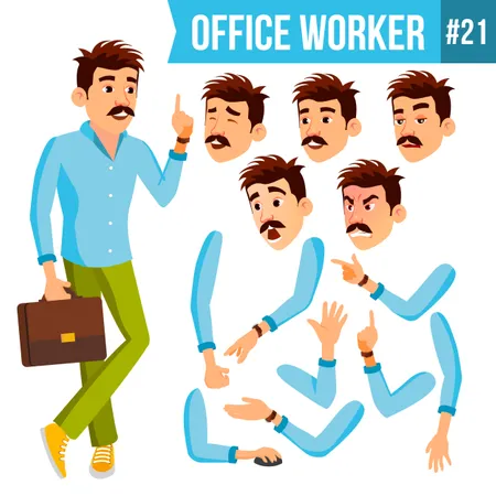 Office Worker Vector Face Emotions Gestures Animation Set Business Man Professional Cabinet Workman Officer Clerk Isolated Cartoon Character Illustration Illustration