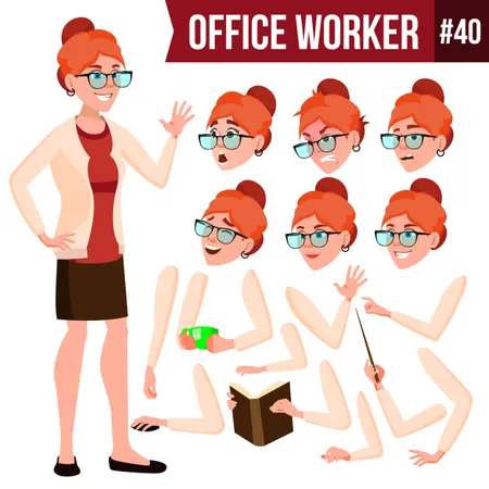 Office Worker Vector Woman Business Person Face Emotions Gestures Animation Creation Set Flat Cartoon Illustration Illustration