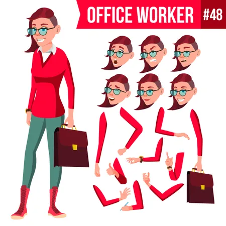さまざまな表情の感情を持つ女性従業員のアニメーション作成セット  イラスト