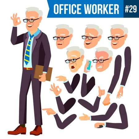 Office Worker Vector Face Emotions Various Gestures Businessman Person Smiling Executive Servant Workman Officer Isolated Character Illustration Illustration