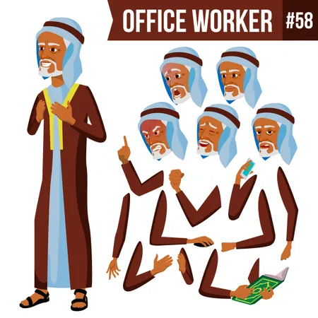 Animationsset für arabische Geschäftsleute mit unterschiedlichen Gesichtsemotionen  Illustration