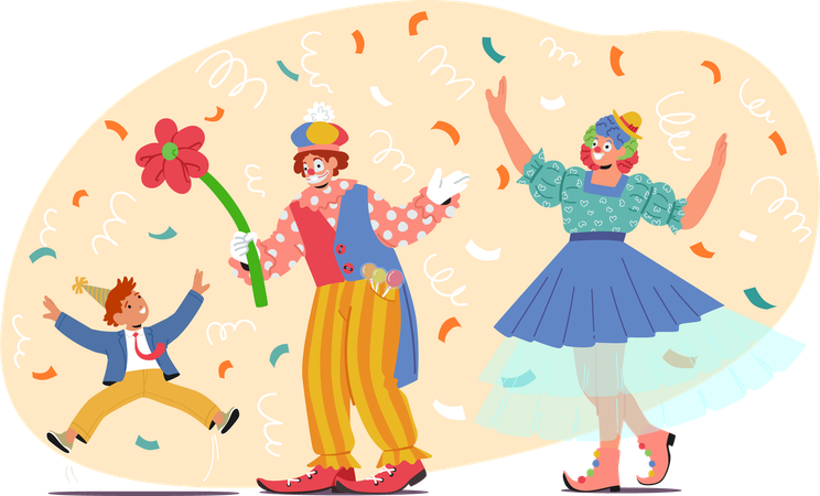 Animator Clowns In Bright Whimsical Attire Create Delightful Scene At Children Party  Illustration