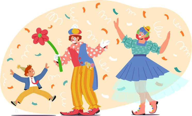 Animator Clowns In Bright Whimsical Attire Create Delightful Scene At Children Party  Illustration