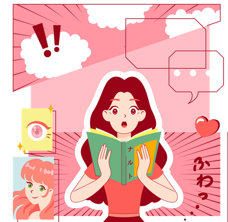 Anime Girl Reading Manga Book  イラスト