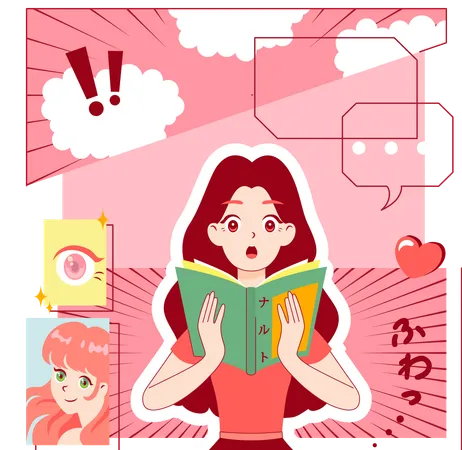 Anime Girl Reading Manga Book  イラスト