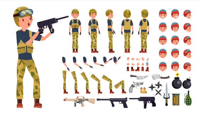 Animiertes Charaktererstellungsset für Soldaten  Illustration